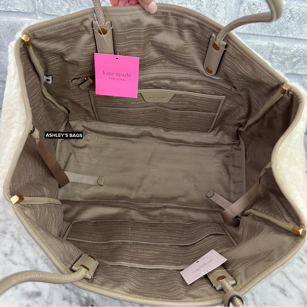 Kate Spade Everything Racing Stripe Faux Shearling Large Tote In Cream Multi - Picture 9 of 16